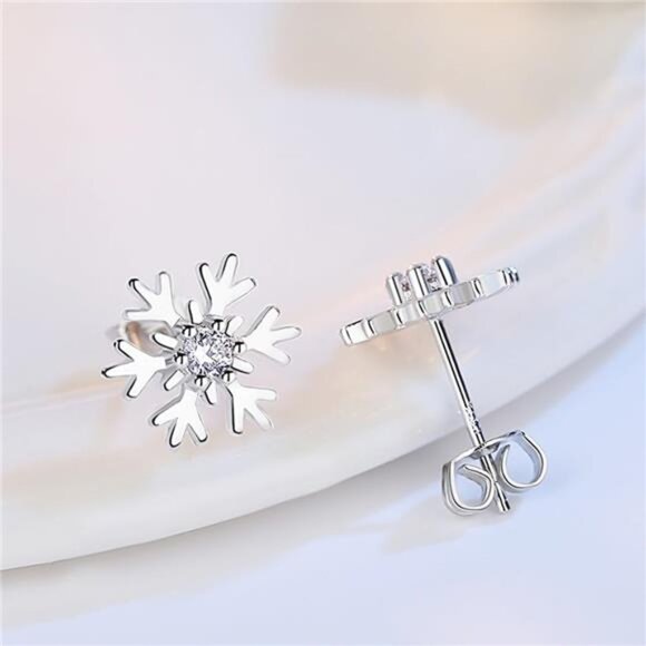 ✨ Sterling Silver Snowflake Earrings | 925 CZ Studs | Hypoallergenic - Picture 2 of 5